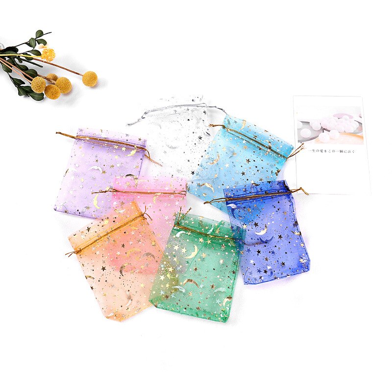 30pcs/lot Moon Star Organza Bags 9*12cm Small Christmas Drawstring Bag Charm Jewelry Packaging Bags & Pouches Candy bag