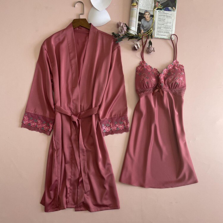 White Bride Sexy Satin Lace Robe Sets 2PCS Summer Womens Kimono Gown V-Neck Embroidery Bathrobe Casual Sweet Thin Loungewear: Rust red / M