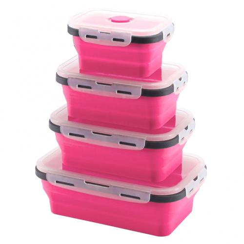 60% Sales! 4Pcs Stackable Bento Food Container Foldable Silicone Lunchbox Fresh Keep Case: Pink