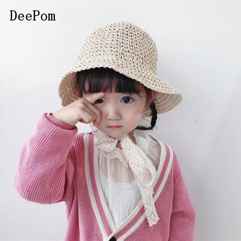 DeePom Girls Straw Hats Summer Sun Hats For Girl Child Children Baby Beach Hats Long Lace Ribbon Kids Sunscreen Sunhat Cap