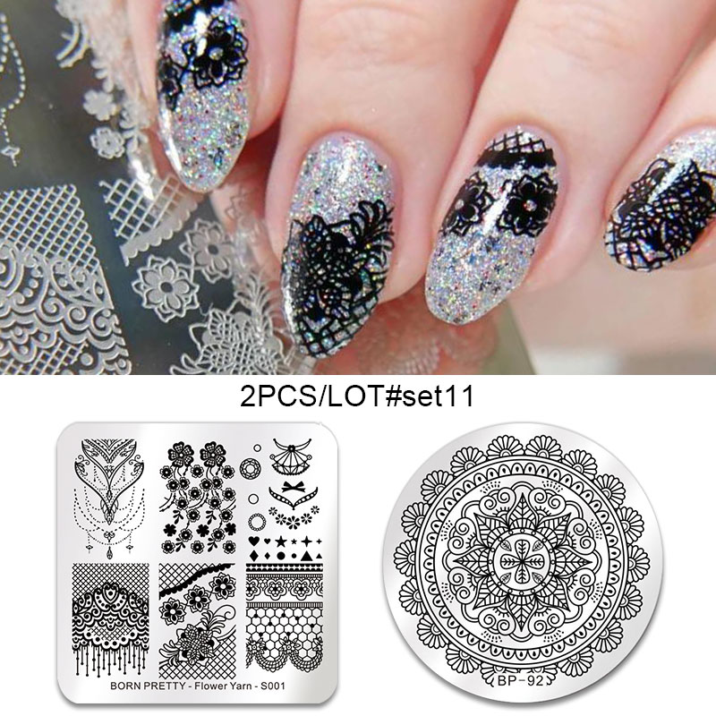 GEBOREN ZIEMLICH 2Stck Nagel Stanzen Platten einstellen SchöNe Blume Geometrische Nette Ebene idee Nagel Kunst Stempel Bild Platte DIY werkzeuge: 2Stck-einstellen11