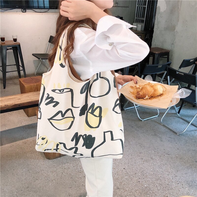 Women Shopping Bag Grocery Simple Print Letter Large Capacity Casual Canvas Wild Canvas Cotton Ecobag Totes Sac: Default Title