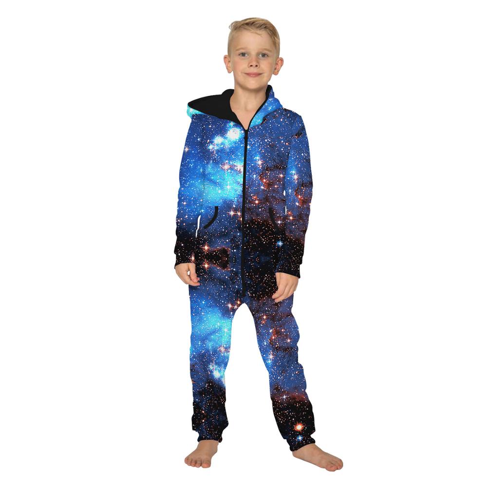 Starry Sky Child Wear Zipper Hooded Sweatpants Loose Fleece Jumpsuit