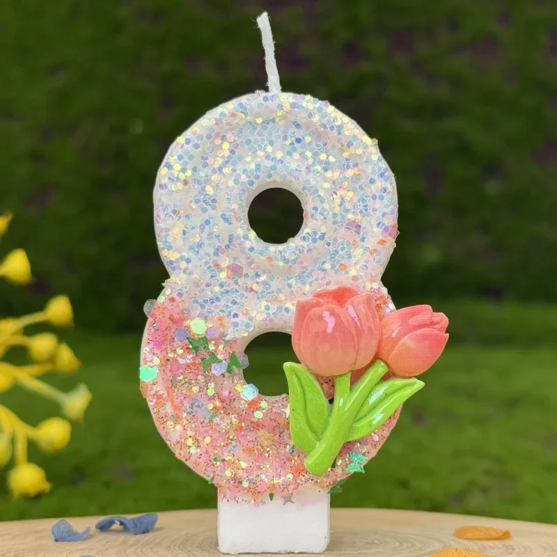 Pink Glitter Tulip Flower Candles for Birthday Party Anniversary Cake Decoration Atmosphere Decoration Photography Props: Fluorescent Pink