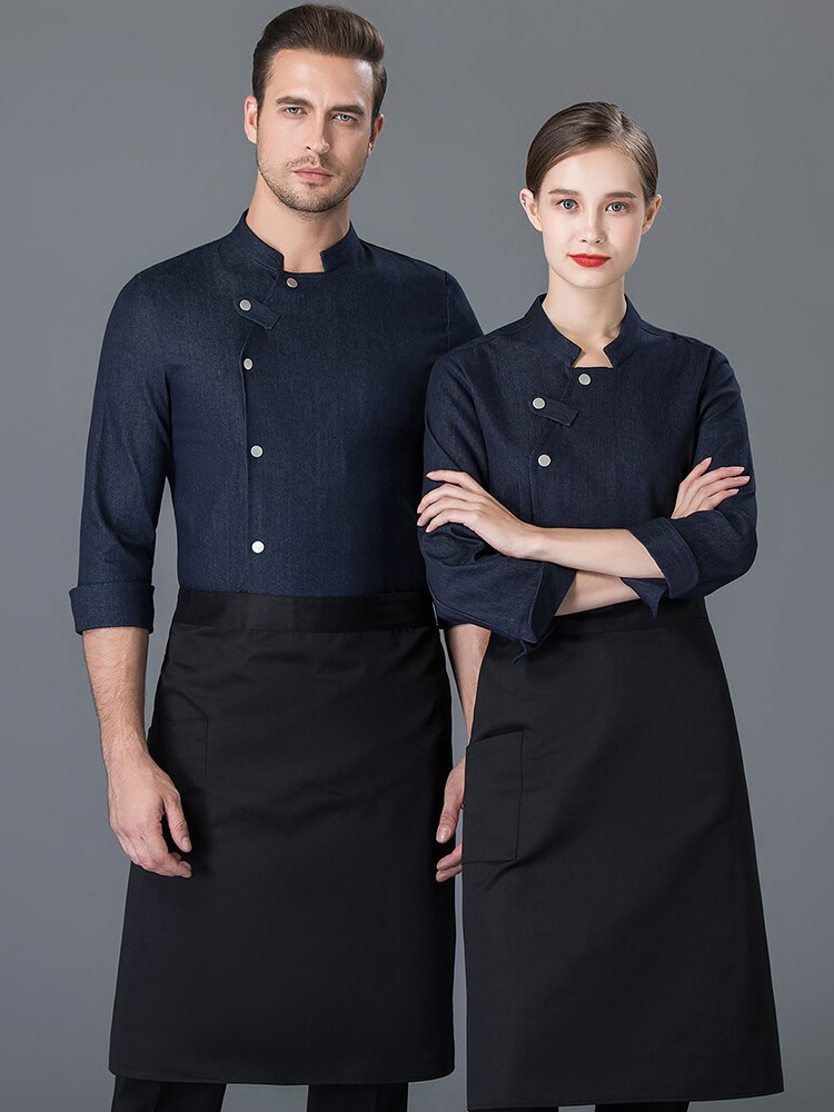 Chaqueta vaquera de Chef informal Unisex, camisa de manga larga con cuello oblicuo, de un solo pecho, para cocina, Catering, restaurante, servicio de comida, uniforme de trabajo