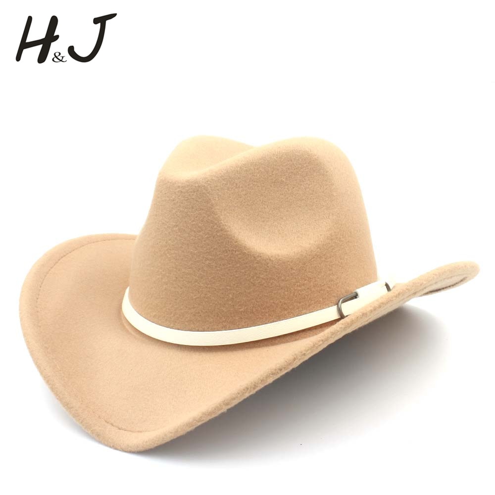retro kvinner menn ull vestlig cowboyhatt rull-opp avlet kant filt cowgirl jazz gudfar sombrero lokk med hvitt belte størrelse 56-58cm