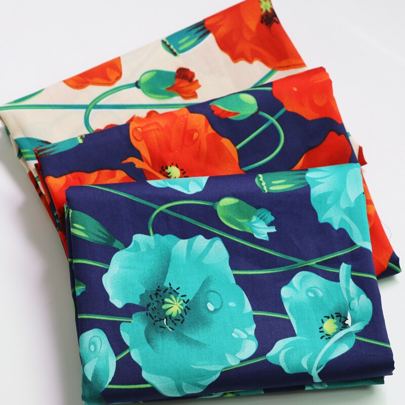 Poplin Stof 100% Bomuld - 50cm x 147cm - Printet Store Blomster - Til Syning og Patchwork