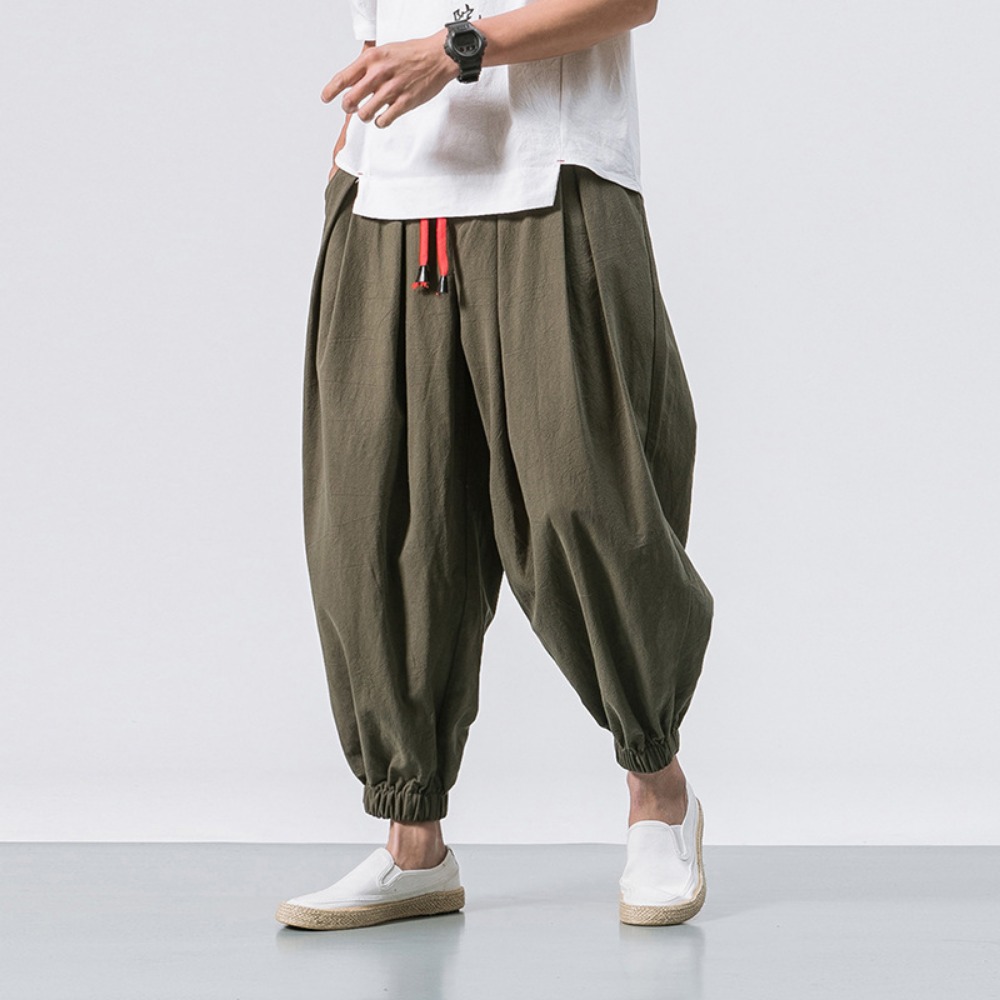 oversized heren harembroek losse Chinese stijl katoen en linnen joggingbroek joggers casual broek heren: XL / Army Green