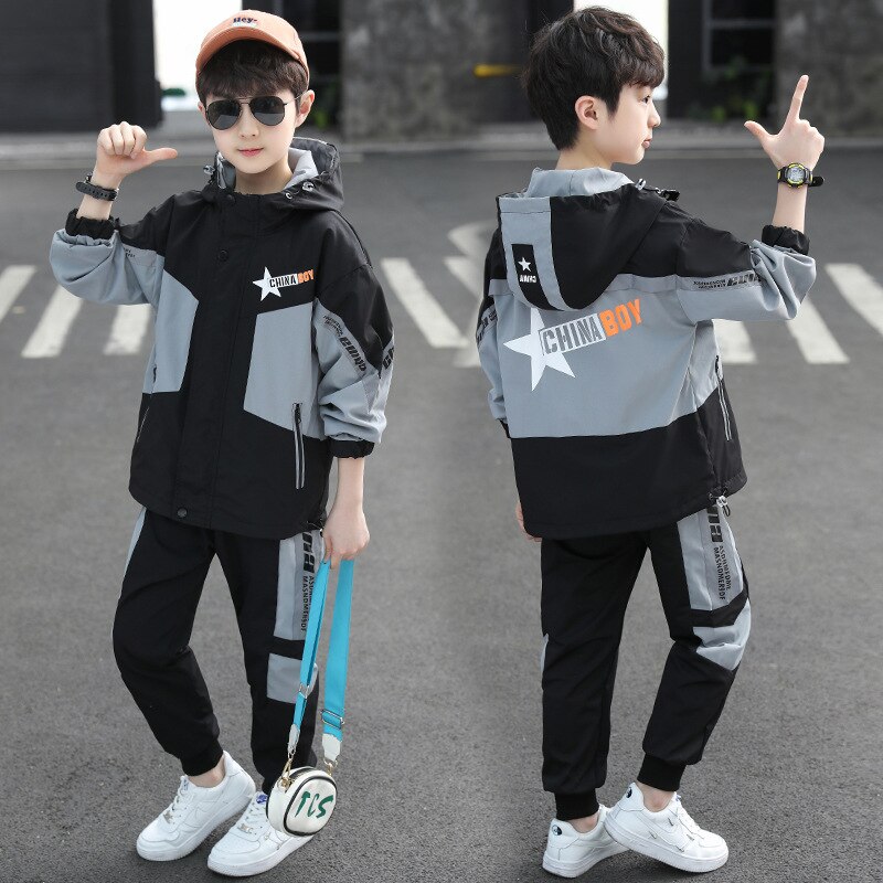Kinder Kleidung Herbst Anzug Jungen Hoodies und Hosen Winddicht Graben Mantel Leucht Langarm 2 Pcs Set: GRAY / 150cm