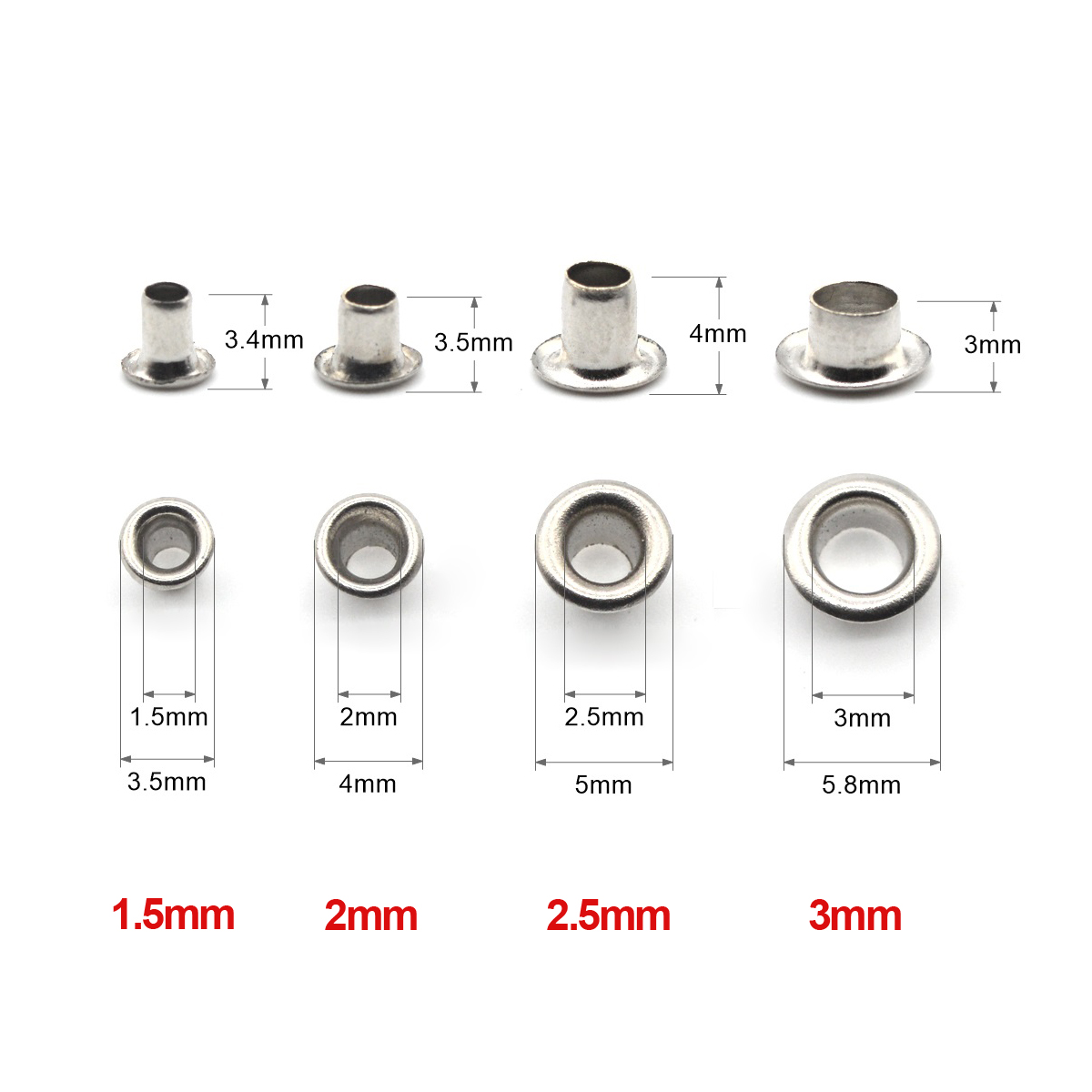 200 stk. 1.5mm 2mm 2.5mm 3mm messingmateriale sølvfarvede maljehuller uden skive passer til gør-det-selv-forsyninger