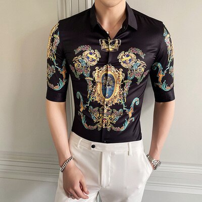 Skjorte med blomstertrykk tilfeldig slank passe luksusskjorte herre merke hvit svart halvermet sosiale skjorter herre pluss størrelse m -4xl: Svart / Xxxl