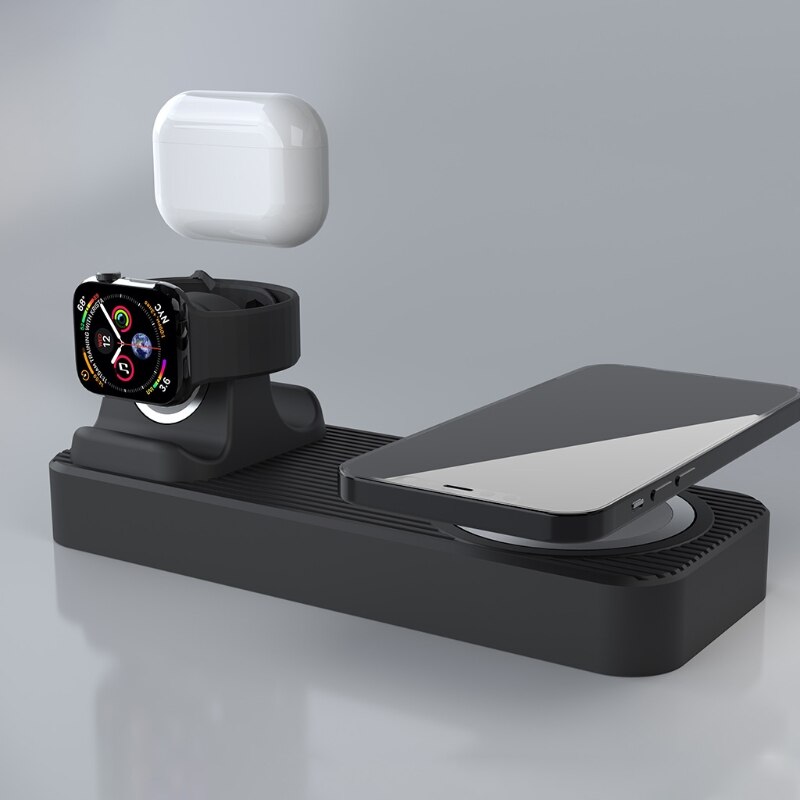 3 in- in-1- ladestation für handy, uhr und airpods, silikon-ladedock, magsaf-ständer (kabel/adapter nicht enthalten), schwarz