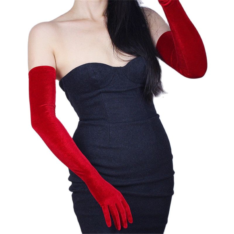 60cm Velours Handschuhe extra Lange Abschnitt Wein verrotten Über Ellenbogen Weibliche Hohe Elastische Schwan Samt Gold Velours Touchscreen Frau WSR03