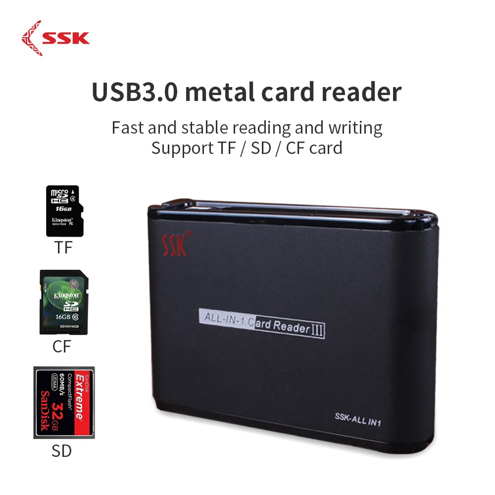 SSK Aluminum USB2.0 Card Reader All in One USB Memory Card Reader Reader High-Speed Adapter for PC Laptop Computer Tabler PC