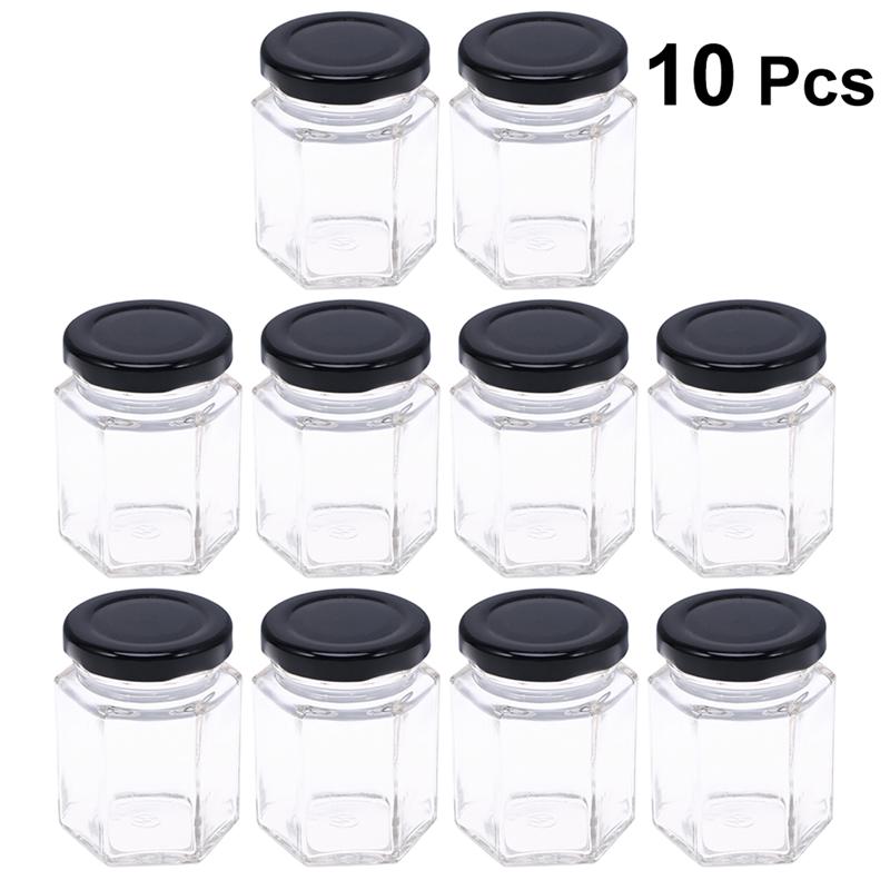 10pcs Hexagon Transparent Glass Bottle Honey Storage Bottle Empty Jar Nut Sugar Canister Tank For Home Kitchen