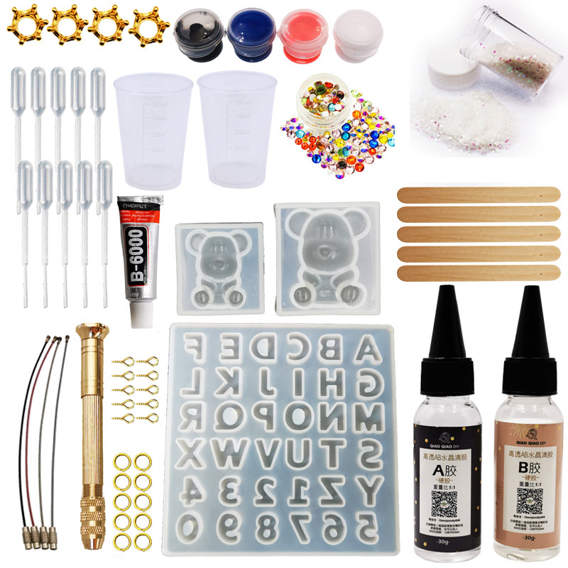 QIAOQAIO DIY Epoxy Resin Gummy bear with letters Molds Jewelry Making Tool Kit With Resin AB Glue key chain kit DIY