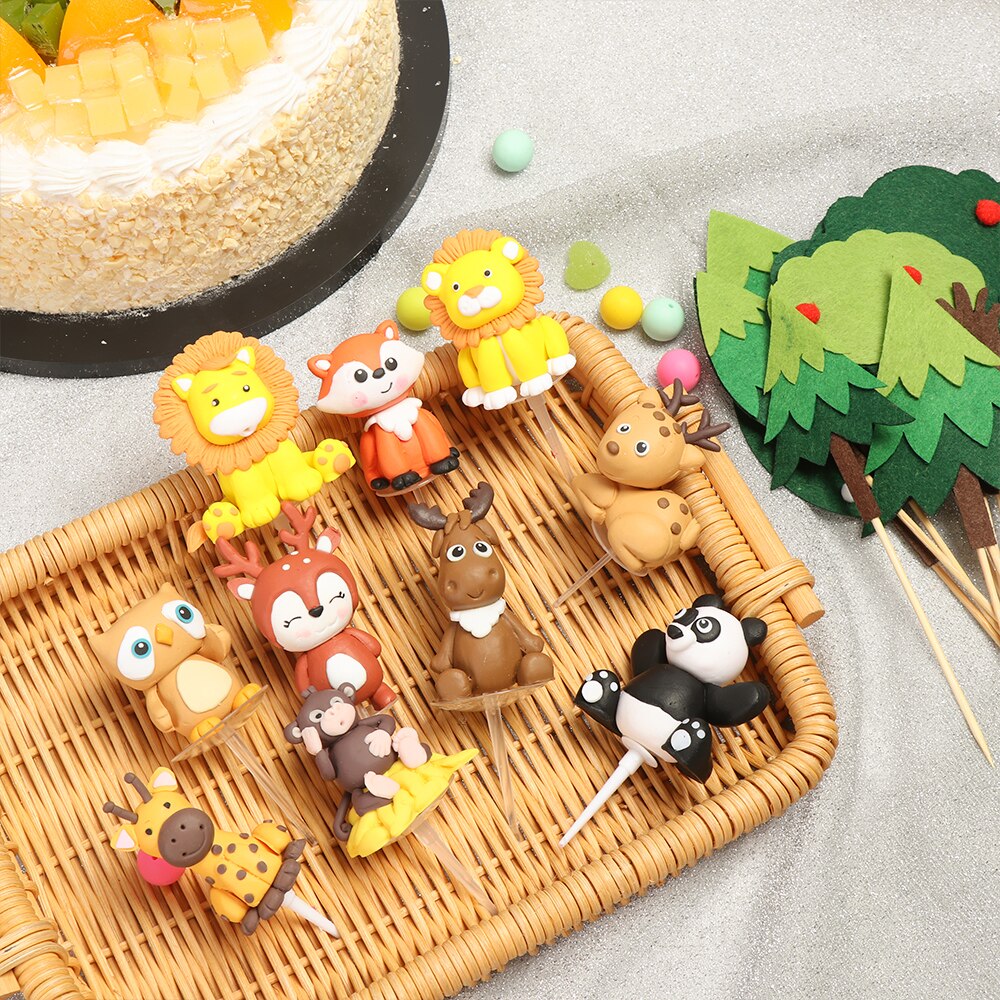 1PC Cartoon Animal Forest Trees Cake Toppers Soft Pottery Picks Cute Safari Jungle Animal DIY Craft Birthday Cake Decor