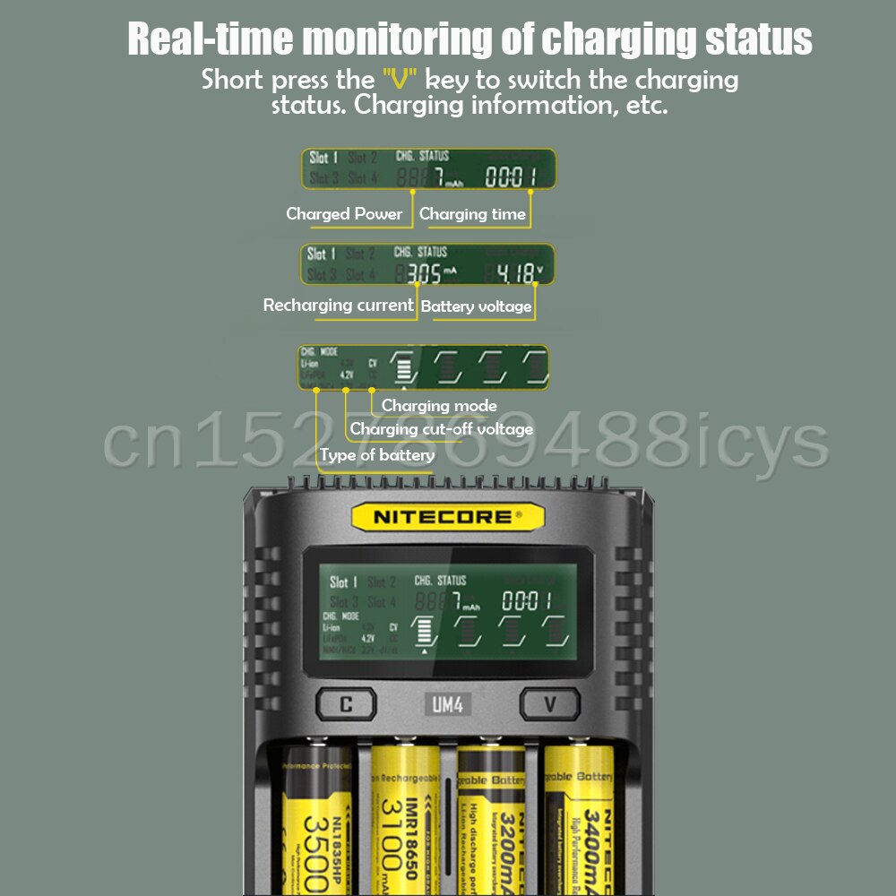 NITECORE UMS4 Batterie ladegerät QC Schnelle Ladung 4A mit 4 Slots Ausgang LCD Display Für 18650 14500 16340 26650 21700 AA AAA Batterie