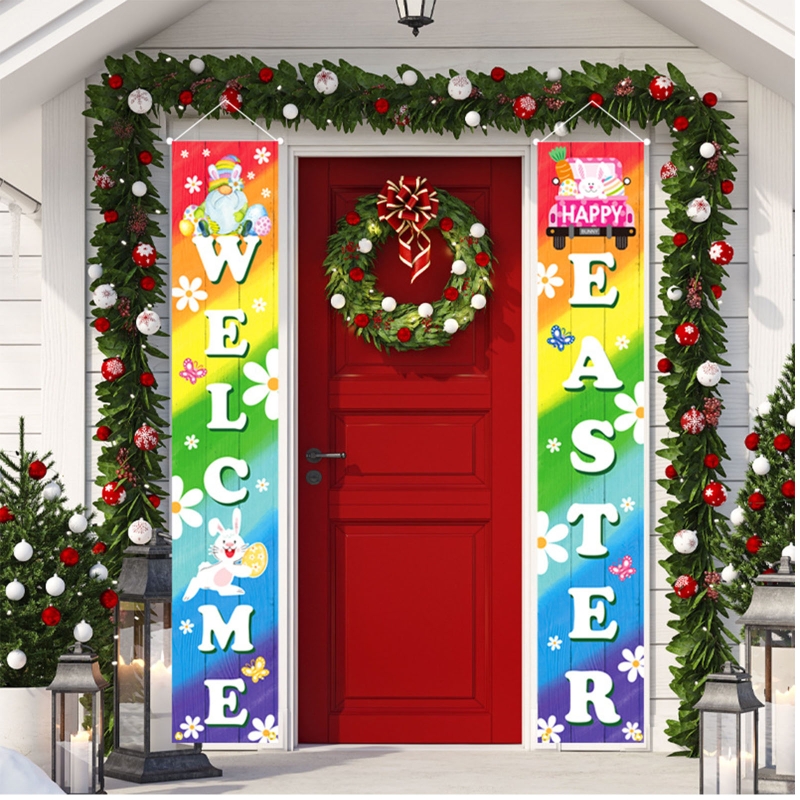 Easter Porch Sign Happy Easter Welcome Hanging Door Sign Bunny Eggs Wall Banner for Yard Home Easter Decoration B03E