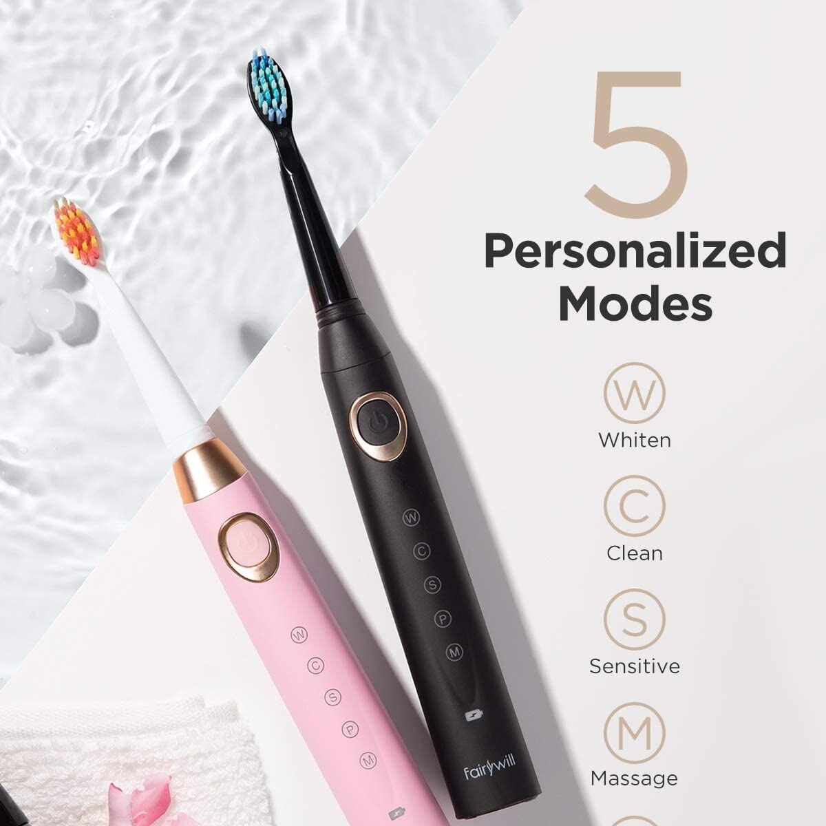Fairywill – Brosses à dents électriques Sonic pour adultes et enfants,appareil de blanchiment rechargeable avec minuterie intelligente et 10 têtes de rechange, 5 modes de nettoyage,