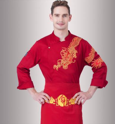 Cook suit long-sleeve chefs uniform work wear Jacket + apron Western restaurant canteen cake shop hotel Chef Outfit: Red / XXL