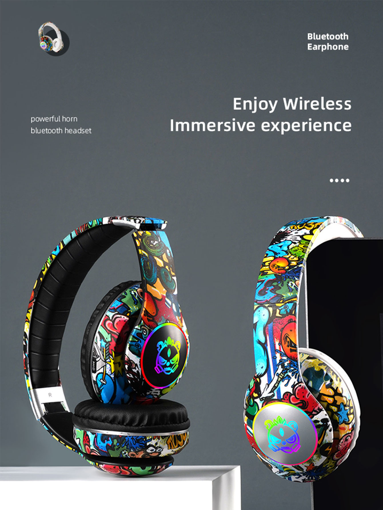 Moda dobrável fone de ouvido bluetooth, design graffiti, botão conveniente integrado, luzes de cor legal fone de ouvido bluetooth