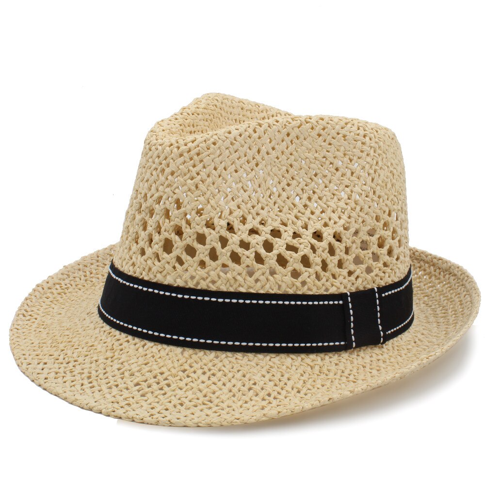 Sommer kvinder mænd halm sol hat med håndvævet panama hat til strand sunbonnet jazz båd hat størrelse 56-58cm: Strå