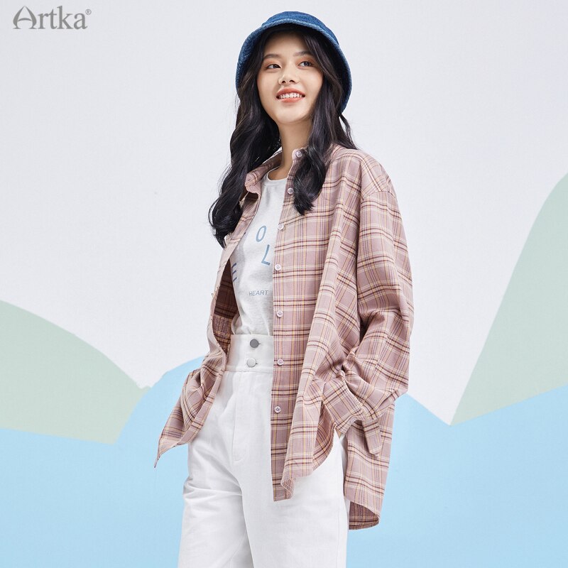 Artka Lente Vrouwen Blouse Casual Plaid Roze Shirts Losse Turn-Down Kraag Lange Mouw Bovenkleding SA25019C