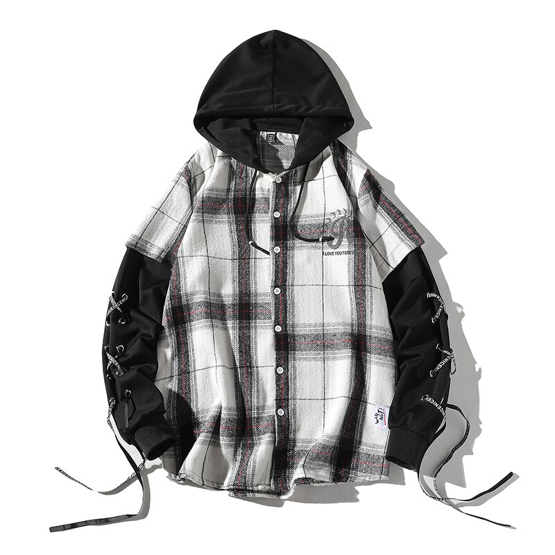 Hip Hop Couple, Hoodie,loose plaid shirt,Long Sleeve Shirts Men Casual Streetwear Coats Male Hipster Shirts Tops