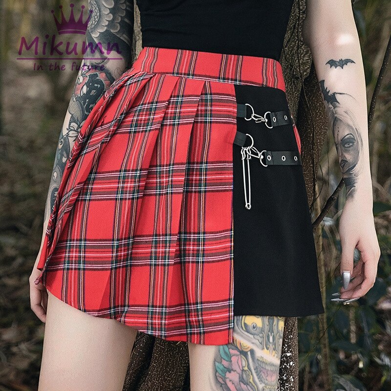 Jupe Plissée Taille Haute Gothique Punk Pour Femme - Avec Croix Brodée Et Ceinture Chaîne - Taille S/M/L - Court Et Stylé