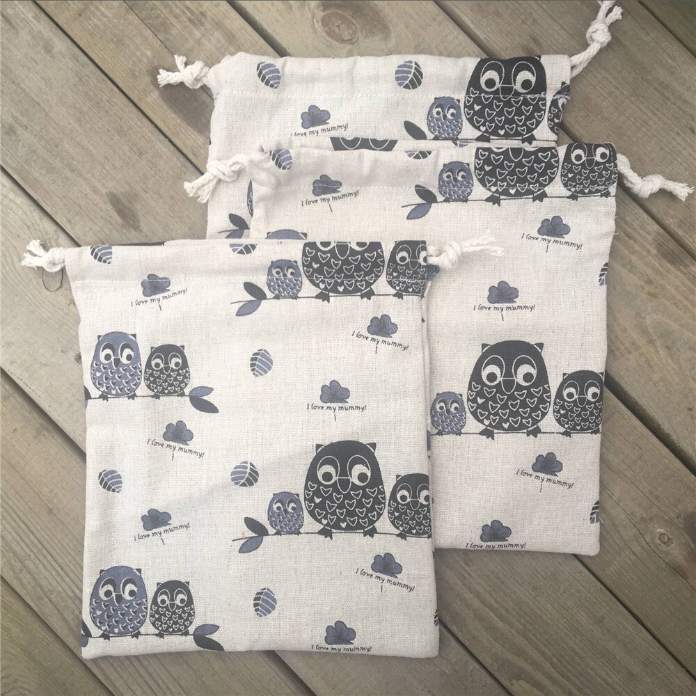 YILE 1pc Cotton Linen Drawstring Party Bag Sorted Pouch Print Black Owls 8927e