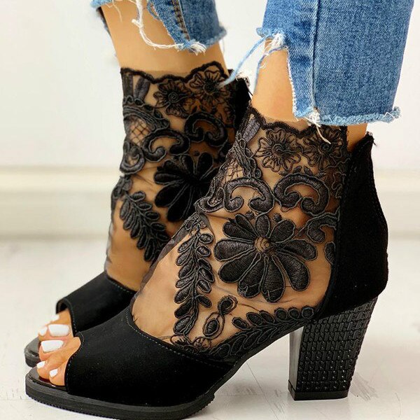 SHENGY femmes talons hauts Peep orteil dentelle fleur talon haut bride à la cheville Surface nette évider sandales