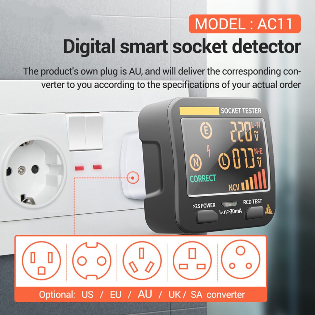 AC11 Digital Smart Socket Tester Digital Socket Adapter Ground Zero Line Phase Check NCV LCD Display Socket Voltage Tester