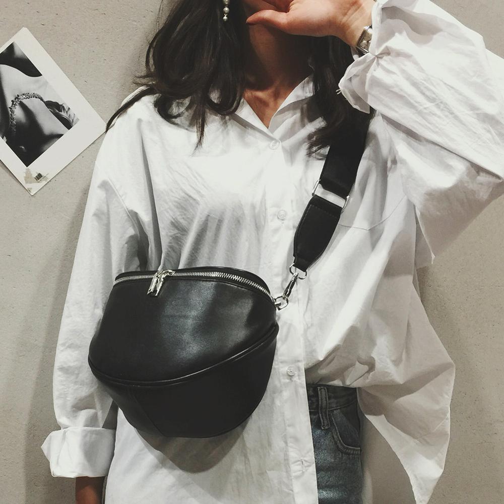 Black Chest Bag Women PU Leather Waist Pack Casual Adjustable Belt Shoulder Solid Zipper Crossbody Bag for Girls Female