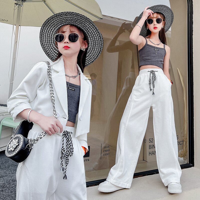 Meninas adolescentes ternos primavera verão 2022 conjunto colete jaqueta blazer calças 3 pçs terno branco para meninas roupas 10 12 13 14 y