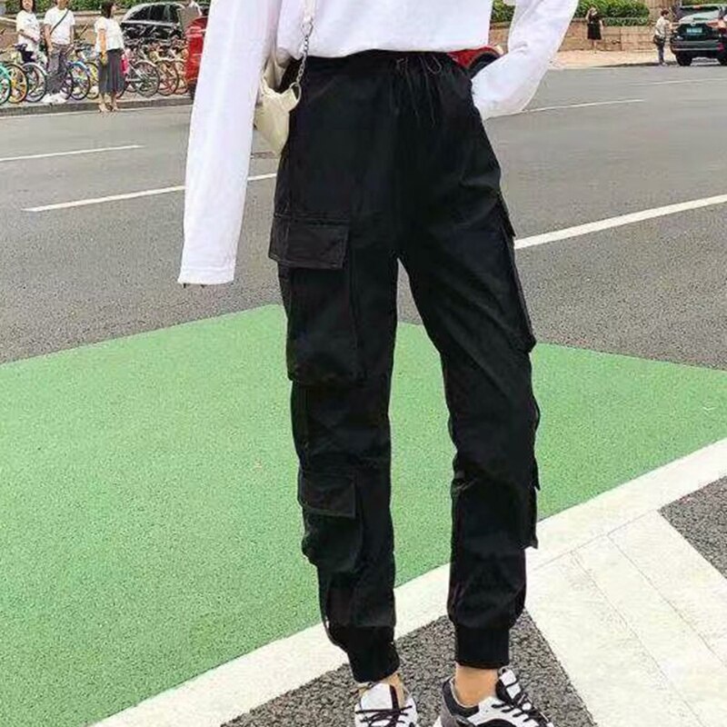 lässig Frauen Lauf Hosen Streetwear Ladung-Schlauch Schwarz Elastische Taille breite bein Jogger Hosen Weibliche verlieren Haren ausgebeult Hosen