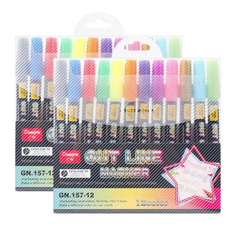Double Line Outline Pens, 12 Colors Self-Outline Metallic Markers Glitter Writing Drawing Pens for DIY Art Crafts,: 2 set 12 colors C