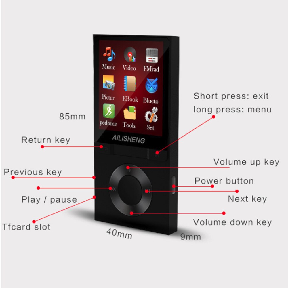 Portable Sports 1.8" TFT Screen Bluetooth MP3 Player Lossless Hifi Mp4 Music Player Slim Bluetooth FM Radio
