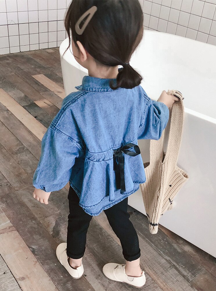 Piger skjorte sløjfe afslappet skjorte denim #39 børnetøj pige bluse langærmet skjorte