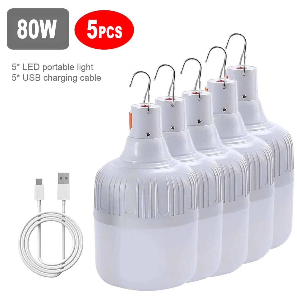 60w x 80w campinglampor usb-uppladdningsbara led-nödlampor för utomhusbruk, bärbara lyktor med krok för grilltält, batterilampa: 3w