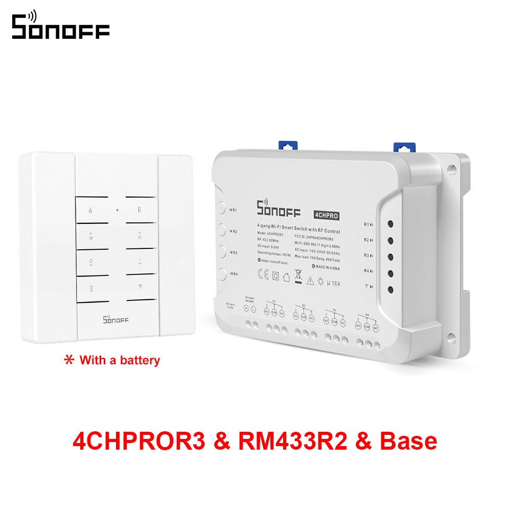 Sonoff 4CH PRO R3 4 Gang 433Mhz RF Smart Switch Interlock Self-Locking Inching Modes Remote Control via eWeLink APP Alexa IFTTT: PROR3 RM433R2 Base