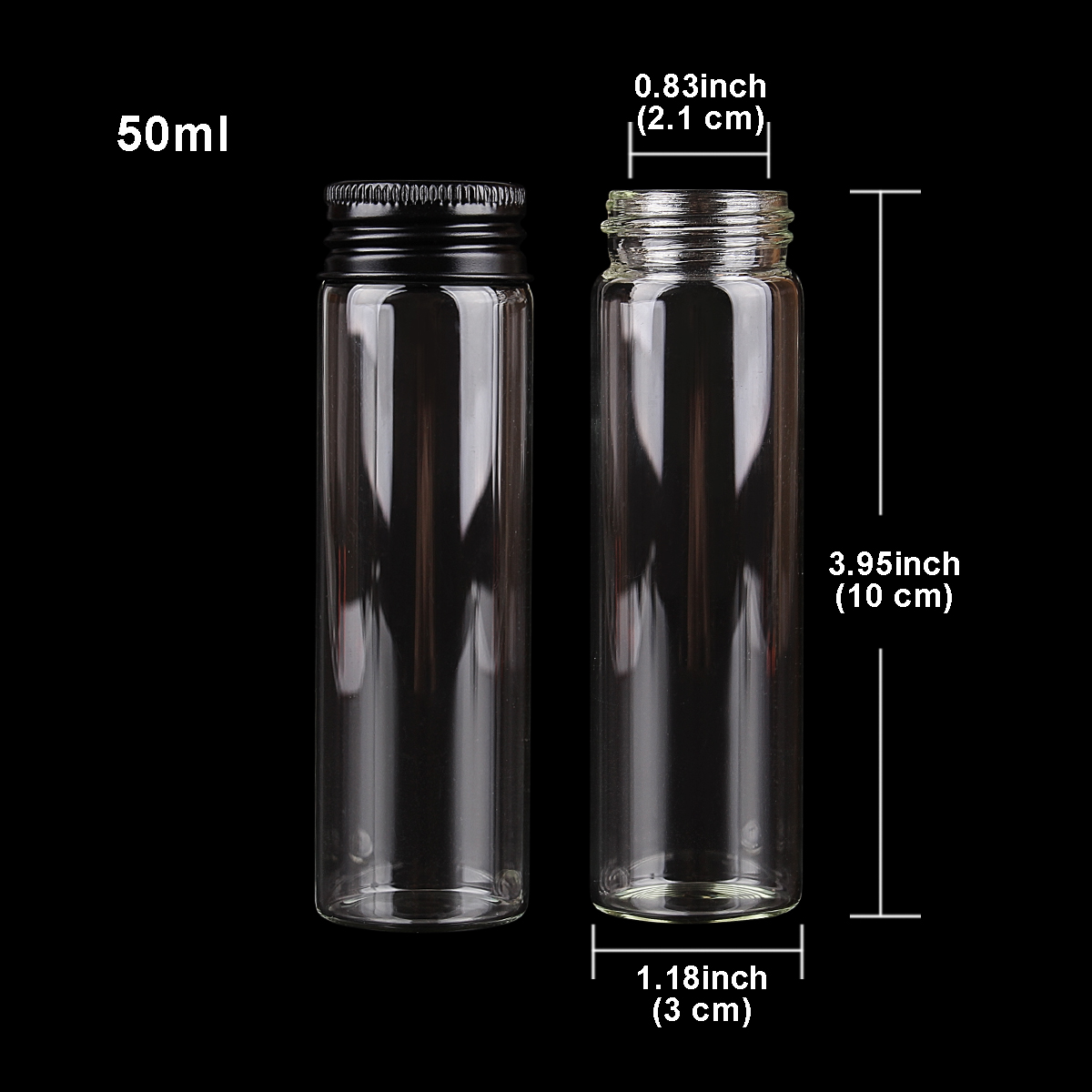 Frascos de vidrio con tapas de aluminio negras, botellas de poción, botellas de vidrio, vasos de vidrio para manualidades, 50ml, 30x100mm, 5 uds.