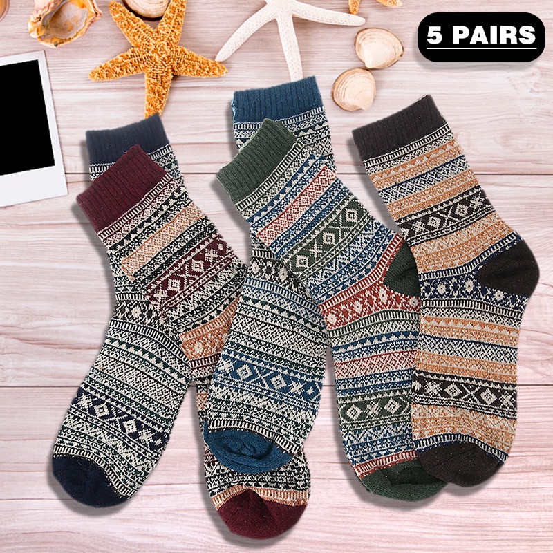 5Pairs Mens Socks Winter Warm Soft Wool Thick Nordic Adult Sock Sleeping Socks One Size 5 Colors