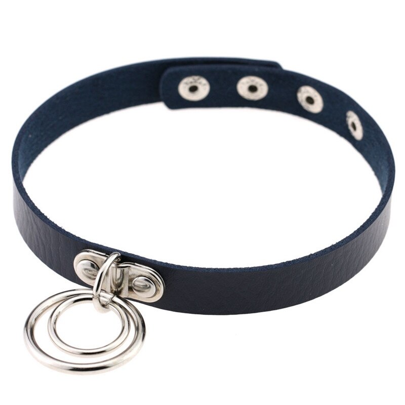 Trendy Choker Collar Necklace Double Ring O Leather Gothic Bracelet Women: dark blue