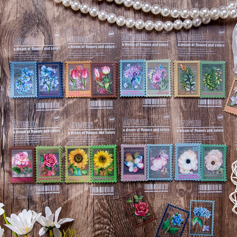 40pcs PET transparent Flowers Stamp Sticker aesthetic Decorative Stickers for Scrapbooking Calendars Arts Diy Crafts