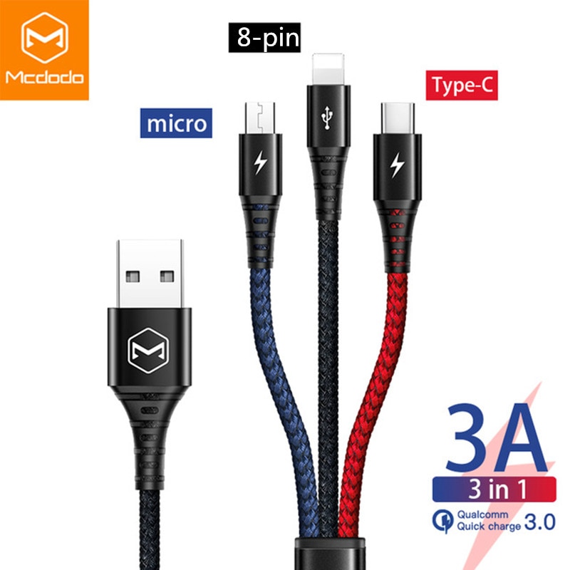 Cabo usb 3a mcdodo 3 em 1 para celulares, fio tipo c para iphone 11 pro, xr, xs, max, 7 huawei xiaomi samsung cabo de carregamento rápido 4 em 1