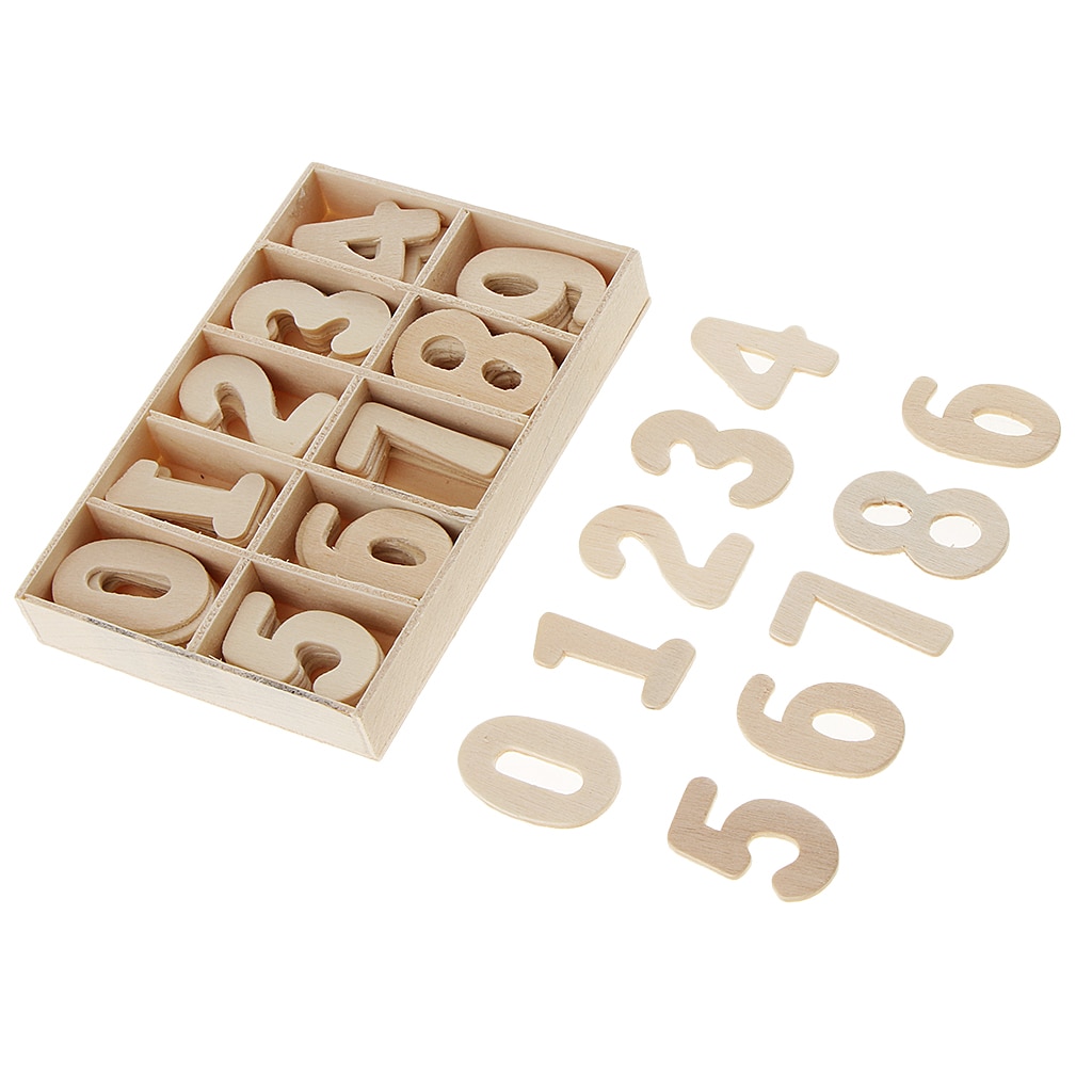 60 Piece Set Wooden Numbers - Wooden Craft Numbers with Storage Tray - Unpainted Wood Arabic Numbers Kids Learning