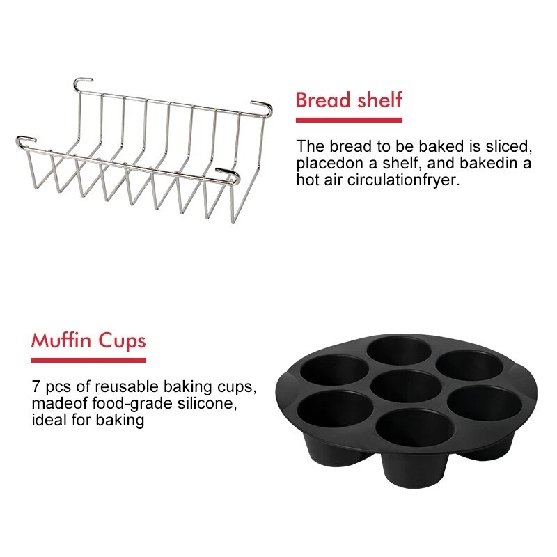 BISNIE Air Fryer Accessories, 5.8QT Square, Set of 12 for COSORI, Ninjia, Gowise USA, Philips 5.3QT, 5.5QT, 5.5QT Fryer, BPA-Free, Dishwasher Safe