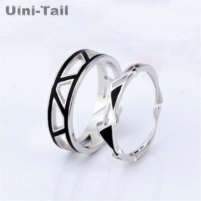 Uini-tail-anillo abierto prismático para parejas, de Plata de Ley 925 a la , joyería de esquina hueca negra simple