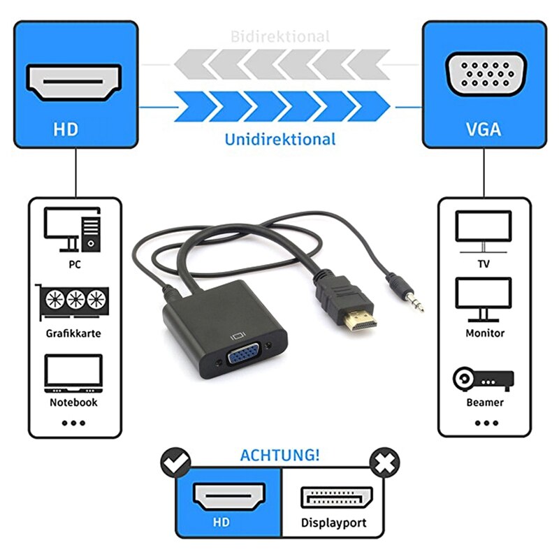 RISE-1080P HDMI-Compatible To VGA Converter With Audio Cable HDMI-Compatible Male To VGA Female Adapter For Laptop Projector